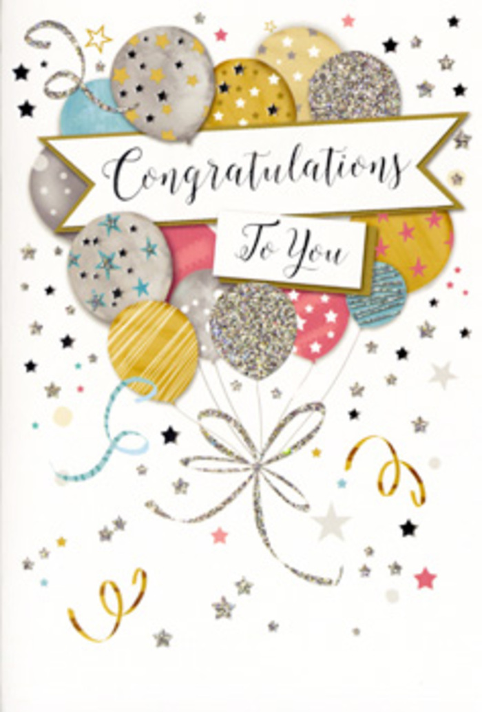 Displayed against a neutral backdrop, this congratulations card glows with cheerful sophistication, like a celebration framed in miniature for someone special in Collier Row. A bouquet of illustrated balloons forms the heart of the design, rising in a lively cluster as if freshly released from an unseen hand. The balloons are rendered in soft, harmonious shades of champagne gold, brushed silver, sky blue, blush pink, and dove grey, each one finished with sparkling details-tiny stars, glitter-like flecks, and fine metallic lines that bring depth and movement, reminiscent of evening lights around Collier Row's quiet residential streets. Across this cluster sweeps a gently arched banner, carrying the words Congratulations To You in refined cursive script, the loops and flourishes lending a sense of warmth and formality, just right for marking significant milestones. Surrounding the balloons, small scattered stars, swirling ribbons, and confetti dots drift across a pale, open background, creating the impression of celebration suspended in time-as if the moment just after a cheer has been frozen on paper. The design suggests subtle texture: you can almost feel where the glitter would catch on your fingertips and where the ink would lie smooth and glossy. It is easy to imagine this card resting beside a vase of fresh blooms delivered by Collier Row Florist, ready for a graduation gathering, a promotion party, or a well-earned congratulations after years of dedication. The overall effect is joyful but not loud, a tasteful expression of pride and happiness designed to linger long after the occasion has passed.