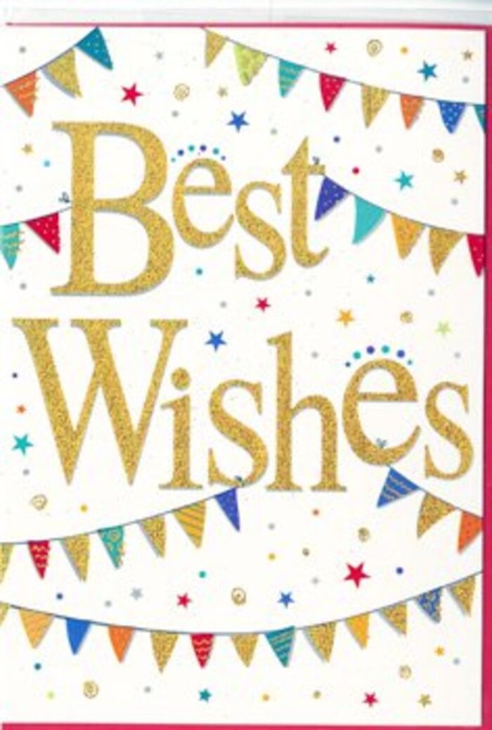 In this image, a joyful Best Wishes card takes centre stage, its design echoing the friendly, neighbourly warmth of Collier Row. The background is a crisp, bright white, providing a clean canvas that makes the central message stand out. Best Wishes is written in sweeping golden script, the letters slightly raised and dusted with a fine glitter that gives a luxurious yet approachable sparkle. The gold ink catches the light in a way that suggests the card might glint softly on a mantelpiece or beside a vase of fresh flowers. Curving above and below the words are strings of bunting, gently arched like decorations strung between lampposts at a summer fair near Collier Row Lane. Each miniature pennant is rendered in vibrant colours-deep blues, rosy reds, zesty oranges, fresh greens, and soft purples-some with tiny polka dots, others with stripes or patchwork-style motifs that feel cheerful and handmade. Around the bunting, a sprinkling of tiny stars and confetti dots drifts across the card, as though the scene has just captured the moment after confetti has been tossed into the air. These little shapes vary in size and shade, adding depth and movement without crowding the design. The overall mood is celebratory and inclusive, suitable for many happy occasions: a new baby welcomed home, an engagement party, exam success at a local school, or a new job in the city. You can imagine this card being matched by Collier Row Florist with a colourful bouquet, delivered the same day to a doorstep in Collier Row, carrying with it heartfelt support and shared happiness.