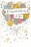 The congratulations card in the image feels like a gentle burst of festivity, perfectly suited to the kind of proud occasions families in Collier Row love to celebrate. At its centre, a loose bouquet of illustrated balloons drifts upward, their rounded shapes clustered together in a carefree tangle, as though just released in the middle of a joyful gathering. Each balloon has its own personality: some shimmer in soft metallic gold and silver, others glow in champagne, sky blue, blush pink, or cool grey, all decorated with combinations of delicate stripes, tiny stars, and glittering specks that hint at a subtle, tactile sparkle. Threading gracefully through this arrangement is a flowing banner carrying the message Congratulations To You in sweeping, elegant calligraphy, the kind of script that feels heartfelt yet refined. All around, small stars, curving ribbons, and confetti-like dots scatter across the pale background, capturing the lively chaos of celebration-like confetti drifting slowly to the ground after a cheer outside a Collier Row venue. The card's composition is airy and well-balanced, leaving pockets of breathing space so the artwork never feels crowded. When you imagine holding it, there is a sense of light texture-the suggestion of raised glitter and glossy ink catching the light as you tilt it. This design pairs beautifully with fresh flowers delivered locally, ready to mark exam successes, promotions, new ventures, or any cherished moment when simple words of congratulations need an extra touch of sparkle and joy.
