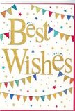 This Best Wishes card glows with an easy, joyful charm, much like the friendly atmosphere around Collier Row's local cafés and parks. At its heart, the phrase Best Wishes is written in generous, looping gold script, with a glittering, tactile finish that looks as though you could feel each stroke beneath your fingertips. The letters shine warmly against a pristine white background, giving the design a light, open feel. Embracing the message are two flowing lines of bunting, one draped across the upper portion of the card and one reflecting it below, forming a soft frame of colour. Each tiny triangular flag is painted in vivid, party-bright tones-azure blue, cherry red, lemon yellow, emerald green, and hints of coral and violet. Some flags are solid blocks of colour, while others are decorated with dainty dots, subtle stripes, or mosaic-like patterns that give the impression of handcrafted detail. Scattered between the bunting and around the lettering are petite star shapes and confetti dots, sprinkled as if caught mid-air after a jubilant cheer. These small elements, in a mix of soft pastels and brighter shades, add a sense of movement and playfulness without overwhelming the central golden words. The card feels versatile and heartfelt, ideal for celebrating a promotion, a housewarming near Collier Row, an exam success, or any moment when you want to send encouragement and joy. It is exactly the sort of design a florist might pair with a vibrant bouquet, ready for delivery across Collier Row to share genuine good wishes and a smile.